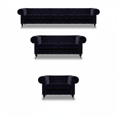 Sala de estar completa azul de cuatro plazas con sofás de dos plazas, sillones Chesterfield nuevos.