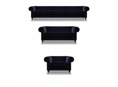 Sala de estar completa azul de cuatro plazas con sofás de dos plazas, sillones Chesterfield nuevos.
