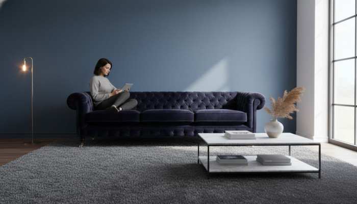 Sofá azul de tres plazas para la sala de estar, muebles tapizados, sofás de tela Chesterfield.