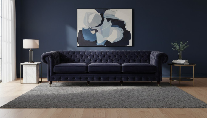 Sofá azul de tres plazas para la sala de estar, muebles tapizados, sofás de tela Chesterfield.