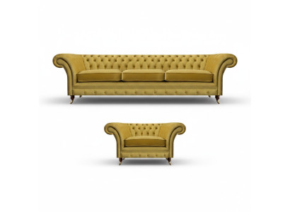 Chesterfield Juego de lujo de muebles tapizados: sofá de tres plazas con sillón para sala de estar.