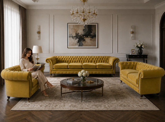 Sofás Chesterfield amarillos de lujo, juego de sala de estar de 3 piezas moderno de sillones tapizados.