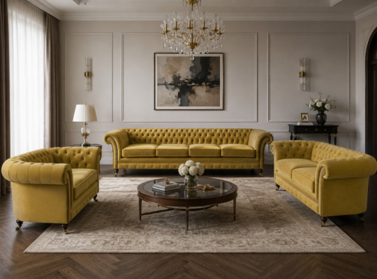 Sofás Chesterfield amarillos de lujo, juego de sala de estar de 3 piezas moderno de sillones tapizados.