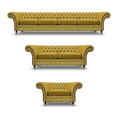 Sofás Chesterfield amarillos de lujo, juego de sala de estar de 3 piezas moderno de sillones tapizados.
