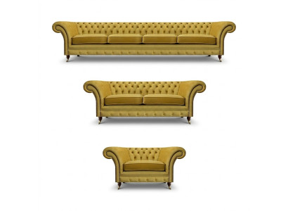 Sofás Chesterfield amarillos de lujo, juego de sala de estar de 3 piezas moderno de sillones tapizados.