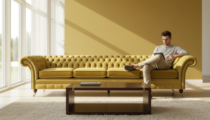 Sofá de cuatro plazas amarillo Chesterfield nuevo para la sala de estar.