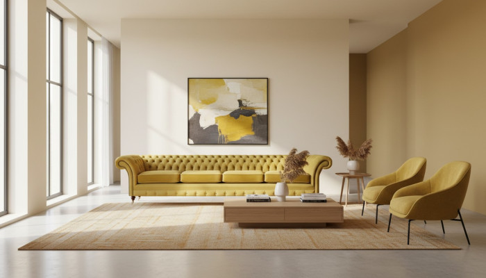 Sofá de cuatro plazas amarillo Chesterfield nuevo para la sala de estar.