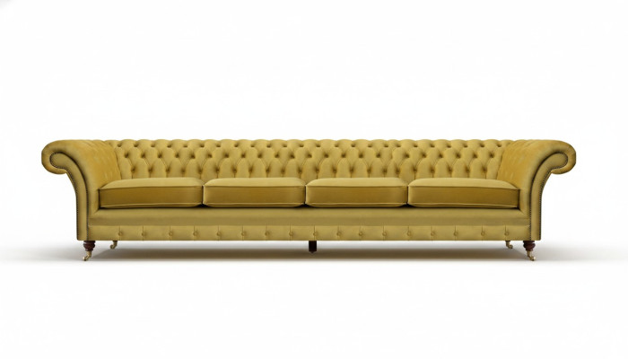 Sofá de cuatro plazas amarillo Chesterfield nuevo para la sala de estar.
