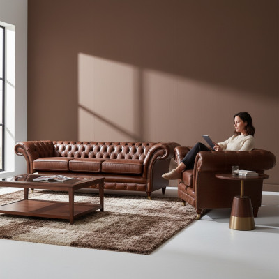 Conjunto marrón de 2 piezas, sofá de tres plazas de cuero Chesterfield para sala de estar.