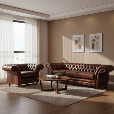 Conjunto marrón de 2 piezas, sofá de tres plazas de cuero Chesterfield para sala de estar.