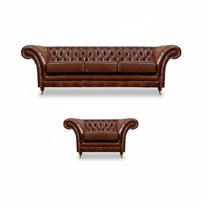 Conjunto marrón de 2 piezas, sofá de tres plazas de cuero Chesterfield para sala de estar.