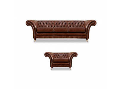 Conjunto marrón de 2 piezas, sofá de tres plazas de cuero Chesterfield para sala de estar.