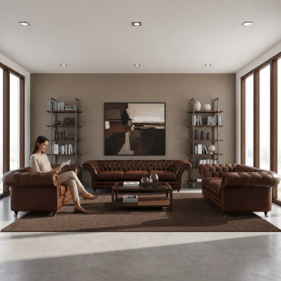 Nuevo conjunto de sala de estar 3 piezas Chesterfield Sofás Muebles tapizados Sillón Equipamiento
