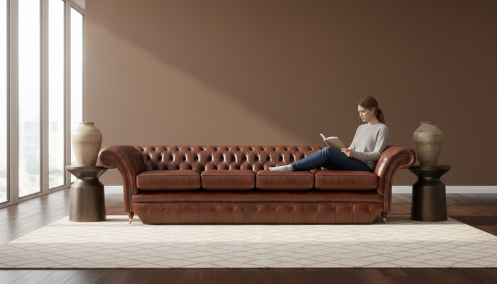 Sofá marrón de cuatro plazas Chesterfield para sala de estar, muebles tapizados nuevos.