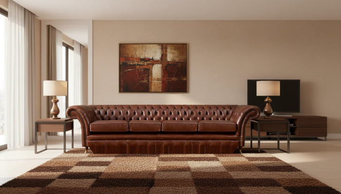 Sofá marrón de cuatro plazas Chesterfield para sala de estar, muebles tapizados nuevos.