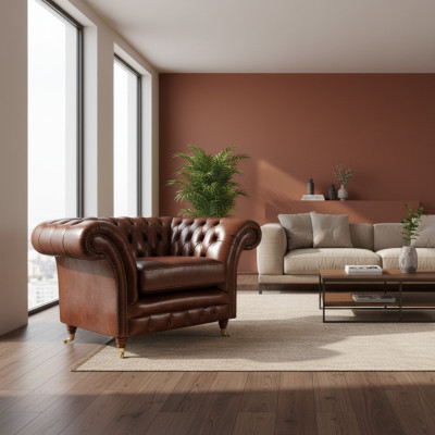 Sillón del salón Marrón Chesterfield Mobiliario Sofá Asiento acolchado Nuevo