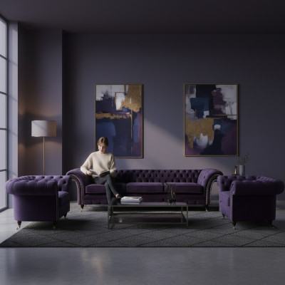 Conjunto de lujo para sala de estar de 3 piezas, mobiliario completo púrpura tipo Chesterfield.