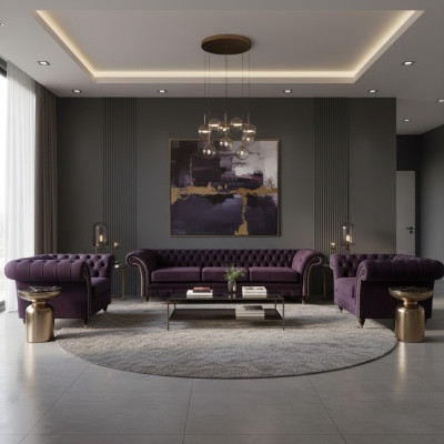 Conjunto de lujo para sala de estar de 3 piezas, mobiliario completo púrpura tipo Chesterfield.