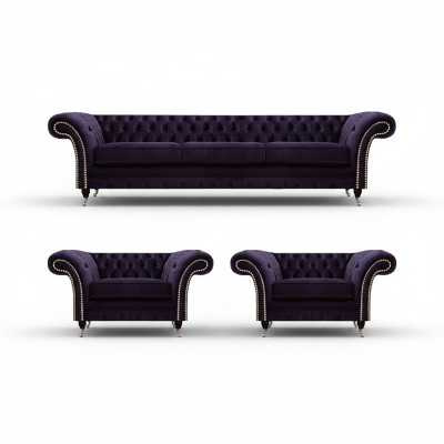 Conjunto de lujo para sala de estar de 3 piezas, mobiliario completo púrpura tipo Chesterfield.