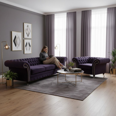 Conjunto completo de sofá de tres plazas Chesterfield lila de 2 piezas, sofá y sillón, nuevo para la sala de estar.