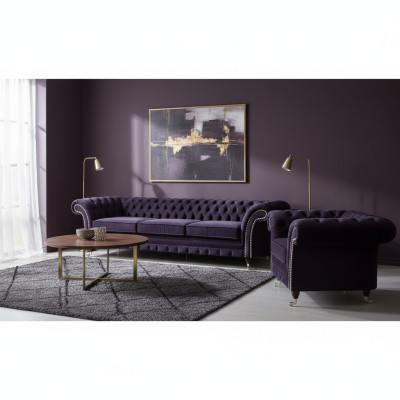 Conjunto completo de sofá de tres plazas Chesterfield lila de 2 piezas, sofá y sillón, nuevo para la sala de estar.