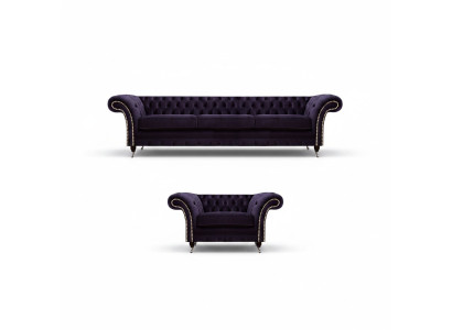 Conjunto completo de sofá de tres plazas Chesterfield lila de 2 piezas, sofá y sillón, nuevo para la sala de estar.