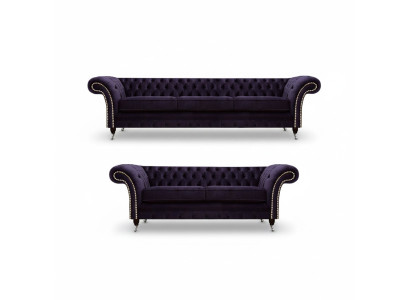 Lila set de sofás, sofá de tres plazas con sofá de dos plazas, lujo Chesterfield tapizado.