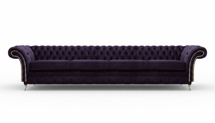 Textil de tapicería Lila Sofá Chesterfield de cuatro plazas para la sala de estar.