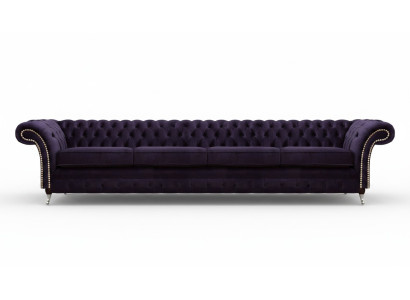 Textil de tapicería Lila Sofá Chesterfield de cuatro plazas para la sala de estar.