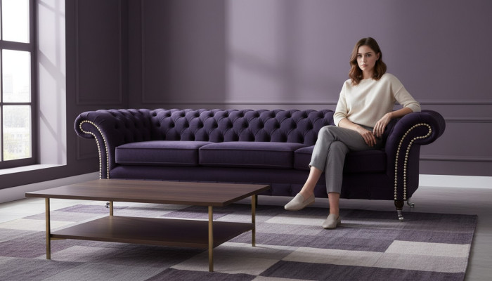 Diseño Chesterfield salón tres plazas sofá morado muebles tapizados