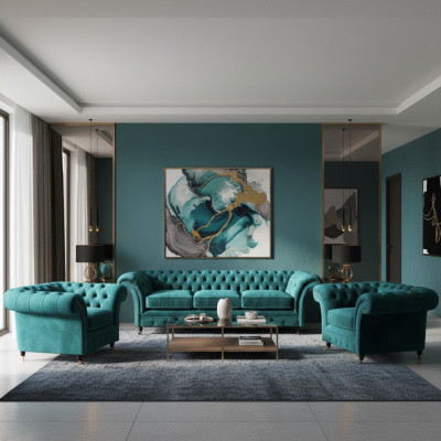 Diseño Chesterfield Sofá conjunto de 3 plazas sofá set 2x sillón tapizado