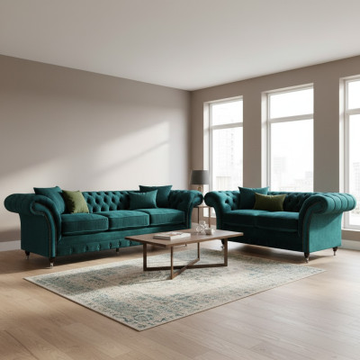 Chesterfield diseño de lujo en verde, sofá de tres plazas con sofás de dos plazas.