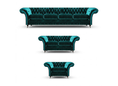 Conjunto de lujo de 3 piezas de sofás Chesterfield. Muebles tapizados de diseño.