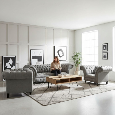 Conjunto de sala 3 piezas sofás Chesterfield gris textil muebles tapizados 2 sillones.