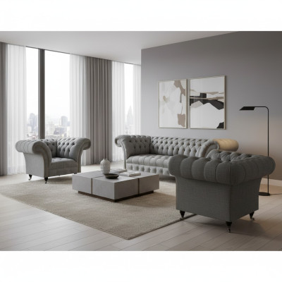 Conjunto de sala 3 piezas sofás Chesterfield gris textil muebles tapizados 2 sillones.