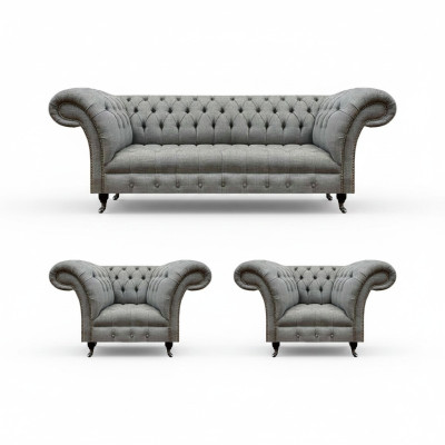 Conjunto de sala 3 piezas sofás Chesterfield gris textil muebles tapizados 2 sillones.