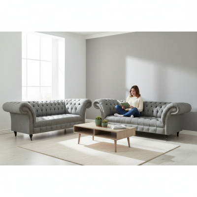 Sofá de tres plazas completo Chesterfield gris con sillón de lujo nuevo