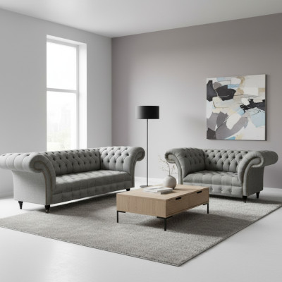 Sofá de tres plazas completo Chesterfield gris con sillón de lujo nuevo
