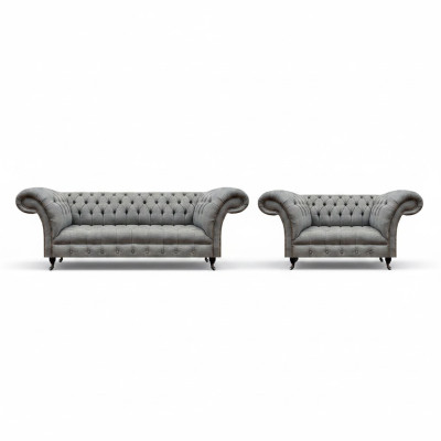 Sofá de tres plazas completo Chesterfield gris con sillón de lujo nuevo