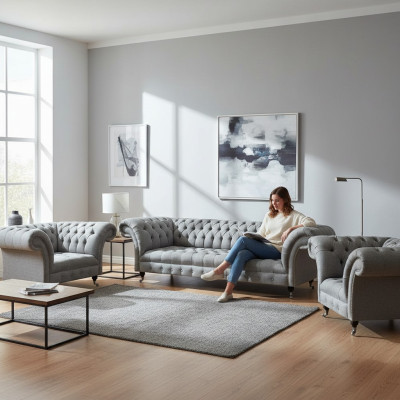 Juego de muebles de sala gris de 3 piezas Sofás de lujo Conjunto de sillones Chesterfield.