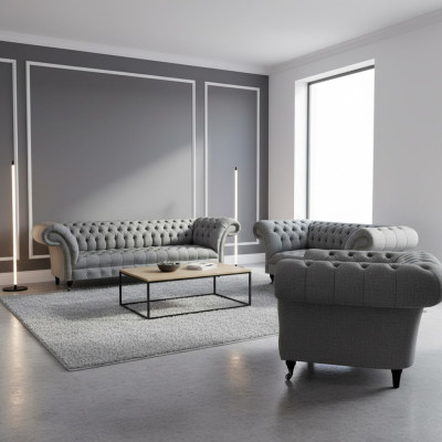 Juego de muebles de sala gris de 3 piezas Sofás de lujo Conjunto de sillones Chesterfield.
