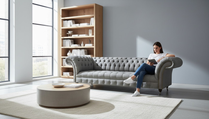 Sala de estar de lujo gris sofá Chesterfield de cuatro plazas nuevo muebles tapizados