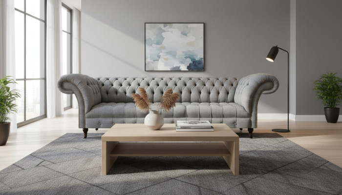 Sala de estar de lujo gris sofá Chesterfield de cuatro plazas nuevo muebles tapizados