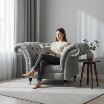 Lujo Asiento Tela Sillón Sala de estar Chesterfield Muebles tapizados Gris