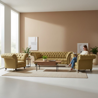 Juego de sala amarillo completo con 2 sillones, sofá Chesterfield de tres plazas y sofá.