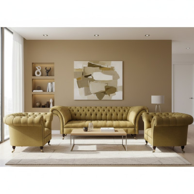 Juego de sala amarillo completo con 2 sillones, sofá Chesterfield de tres plazas y sofá.