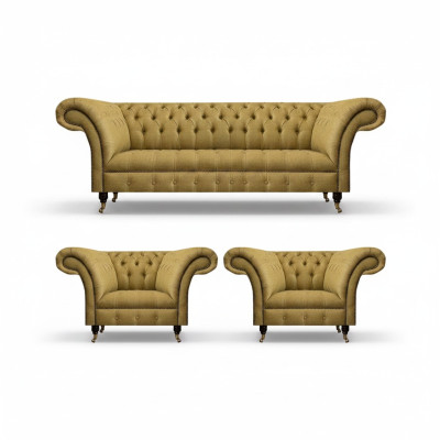 Juego de sala amarillo completo con 2 sillones, sofá Chesterfield de tres plazas y sofá.