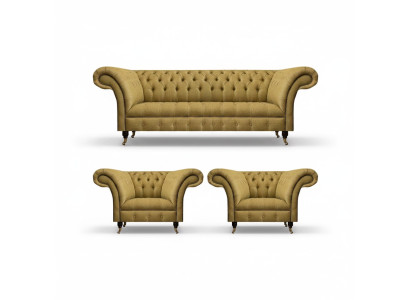 Juego de sala amarillo completo con 2 sillones, sofá Chesterfield de tres plazas y sofá.
