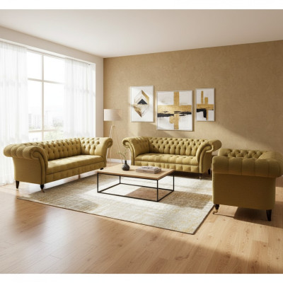 Juego de sofás de lujo amarillo para sala de estar, conjunto de 3 piezas, nuevo juego de sillones Chesterfield.