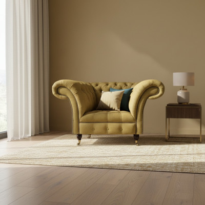 Sillón de tela de lujo Chesterfield nuevo para la sala de estar.